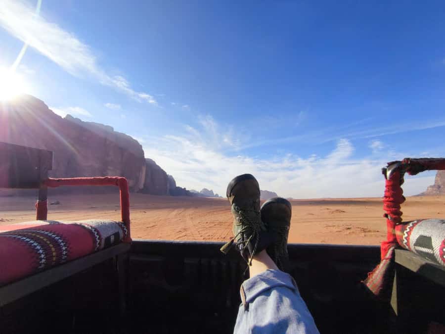 A jeep tour crossing the sand in Wadi Rum, southern Jordan